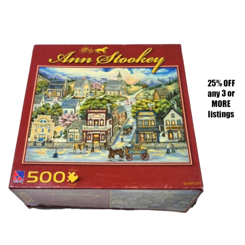500 Piece Puzzle Ann Stookey Quaint Winter Village Old Town Snow Horse Carriage
